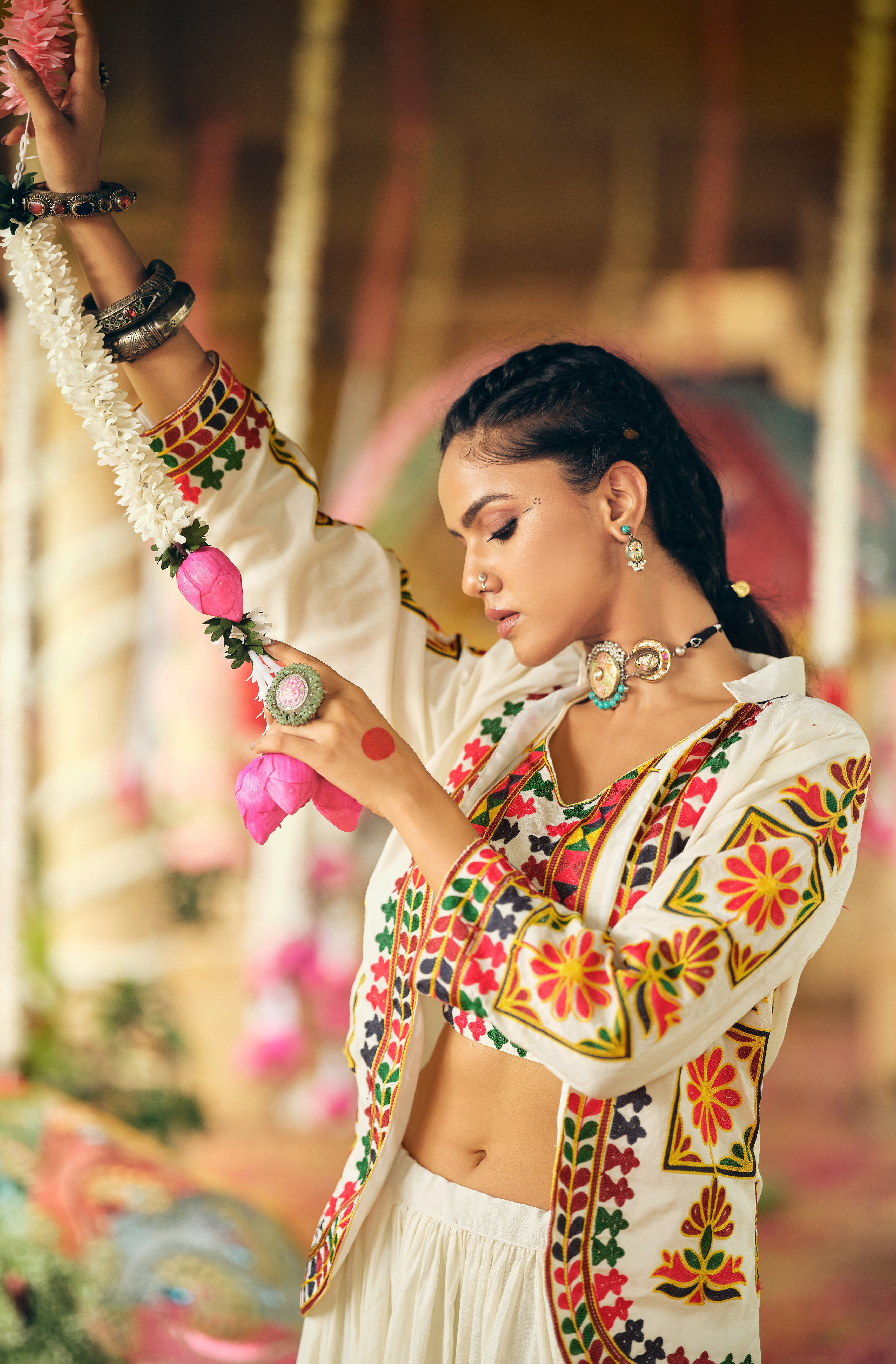 Women's White Cotton Lehenga Set with Embroidered Shrug & Blouse | Navratri Garba Dandiya Ethnic Wear